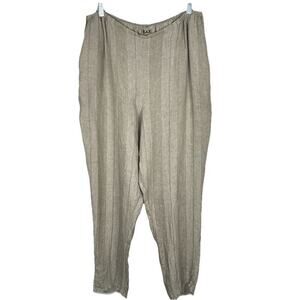 Flax 100% Linen Pants Women Large Beige Striped Pullon Pockets Lagenlook Boho